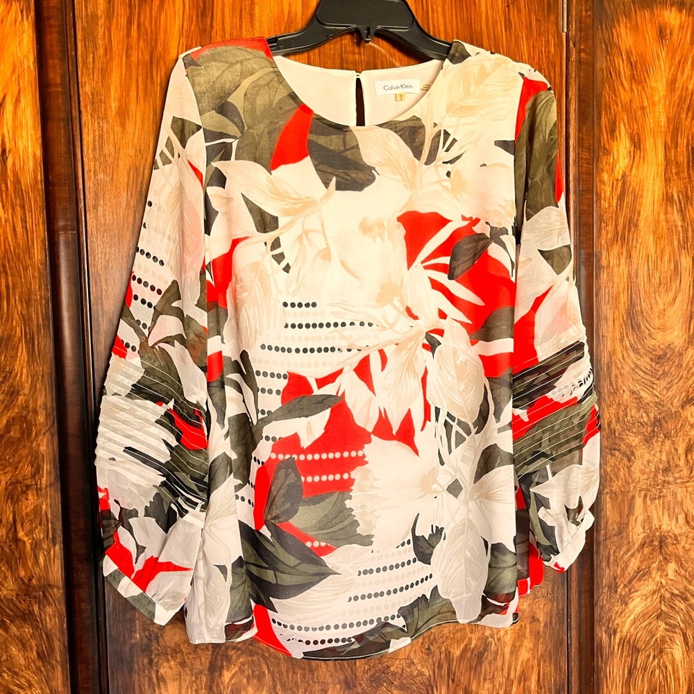 Calvin Klein leaves fabric print long sleeves blouse - Picture 1 of 6